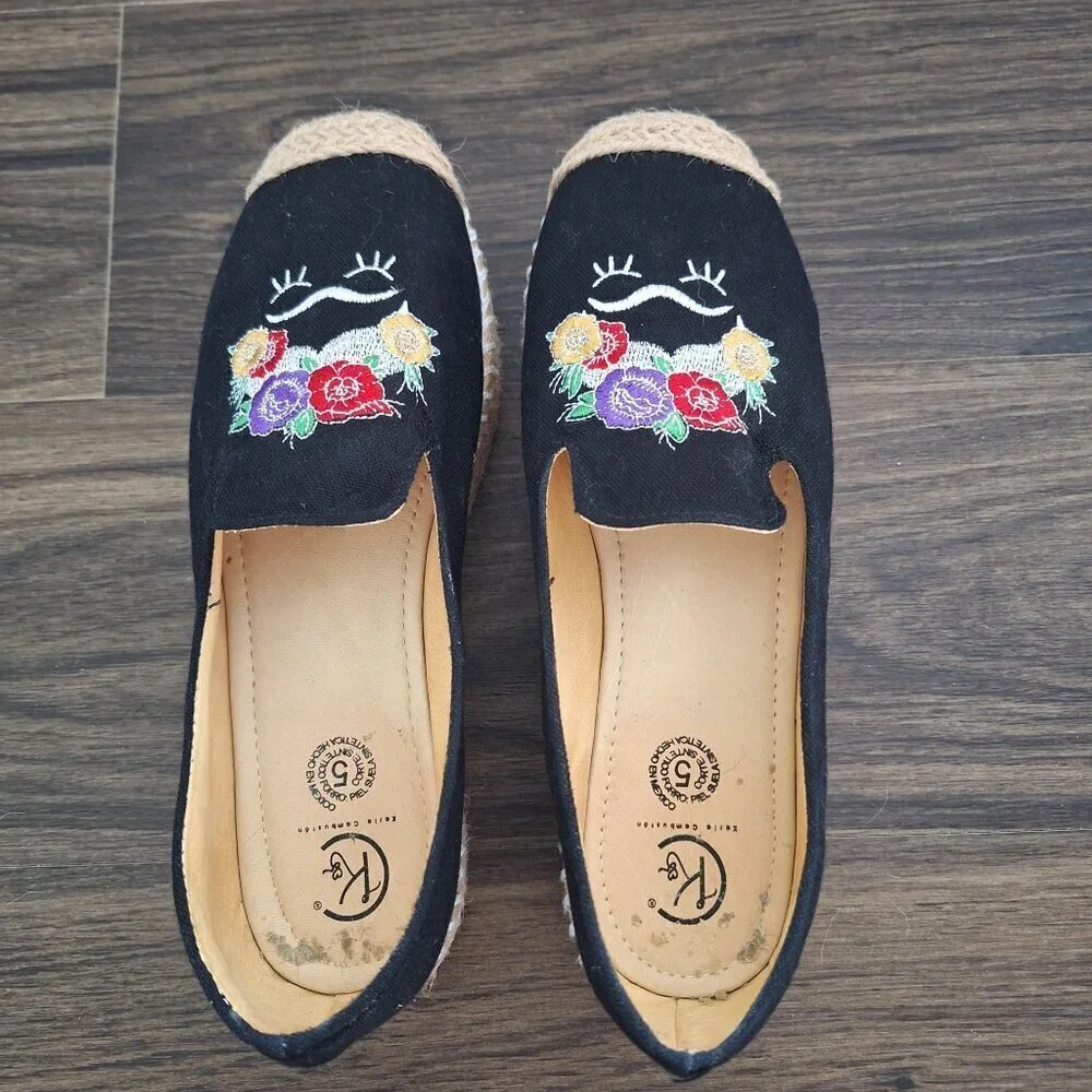 💙 Carlo Cambuston Natural Materials Slip Espadrilles Platform Embroidered Size
